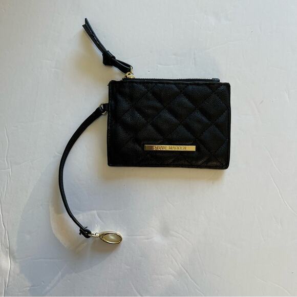 Steve Madden Coin Purse Quilted Black Faux Leather with Strap Small Wallet - Picture 9 of 9